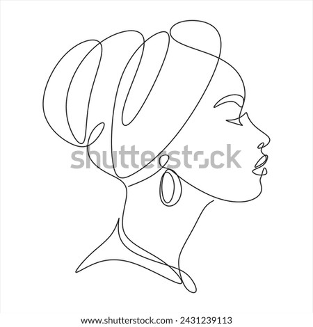 Line drawing of an African woman wearing a turban. African model with beautiful skin posing in the studio.