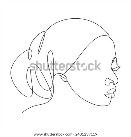 Line drawing of an African woman wearing a turban. African model with beautiful skin posing in the studio.