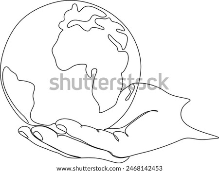 Continuous line drawing of hands holding a globe. Vector illustration isolated on white background. Without artificial intelligence