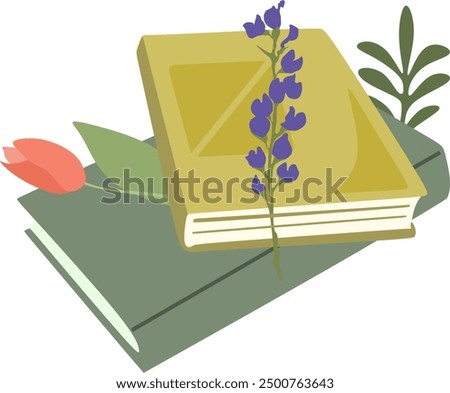  Book with blooming wild flower,leaves,cartoon objects.Power of reader's imagination,isolated lines,vector elements. Hand drawn