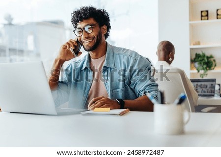 Similar – Image, Stock Photo Smiling curly haired man listening to music in headphones