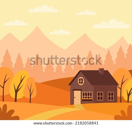 Autumn Landscape With Cabin In The Mountains In Orange Palette Vector Illustration In Flat Style
