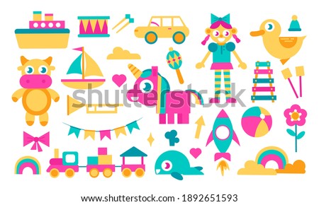 Doll, cow, unicorn, transport and so on. Bright cartoon set of kids toys isolated on white. Collection for educational game design for childrens, shop set. Toys clipart. Vector stock illustration