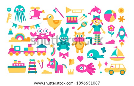 Decoration, crab, doll, whale and so on. Bright cartoon set of kids toys isolated on white. Collection for educational game design for childrens, shop set. Toys clipart. Vector stock illustration