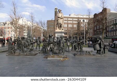 Amsterdam ,The Netherlands-march 23 , 2015: Statue of Rembrandt and the Night watch at the rembrandt square in Amsterdam