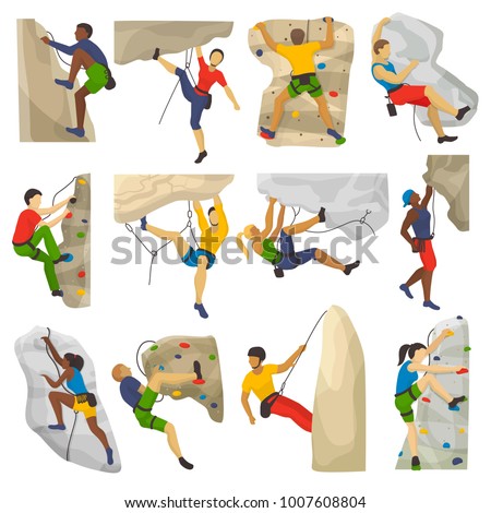 Mountain climbing vector climber climbs rock wall or mountainous cliff and people in extreme sport mountaineer character mounts set illustration of mountaineering isolated on white background
