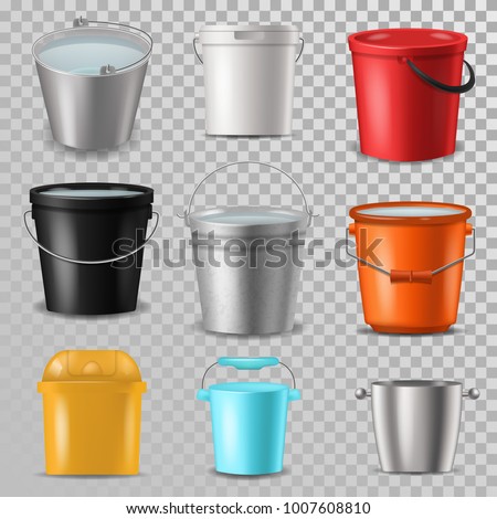 Bucket vector bucketful and bitbucket plastic pail empty or with water bucketing down in garden and garbagepail or pailful for gardening set illustration isolated on transparent background
