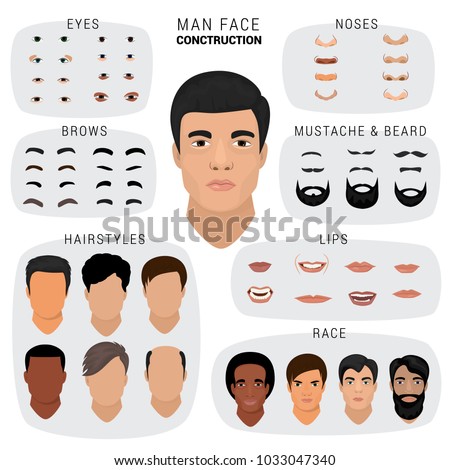 Man face constructor vector male character avatar creation head skin nose eyes with mustache and beard illustration set of facial elements construction with hairstyle isolated on white background