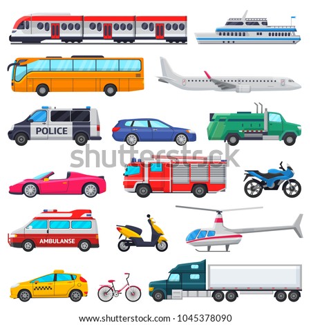 Transport vector public transportable vehicle plane or train and car or bicycle for transportation in city illustration set of ambulance fire-engine and police car isolated on white background