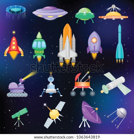 Rocket vector spaceship or spacecraft with satellite and spacy ufo illustration set of spaced ship or rocketship in universe space isolated on background