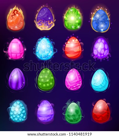 Dragon eggs vector cartoon egg-shell and colorful egg-shaped easter symbol illustration set of fantasy dinosaur egghead isolated on background