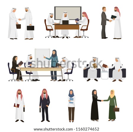Arab businessman vector arabian business people handshaking to his business partner illustration set of arabic businesswoman working in office isolated on white background