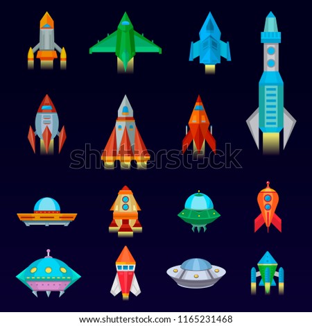 Rocket vector spaceship or spacecraft and spacy ufo illustration set of spaced ship or rocketship flying in universe space isolated on background