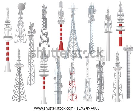 Radio tower vector towered communication technology antenna construction in city with network wireless signal station illustration set of towering broadcast equipment isolated on white background