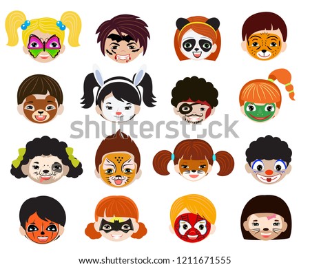 Face paint kids vector children portrait with facial painted makeup and girl boy character illustration set of animalistic facepaint cat dog and pirate for halloween party isolated on white background