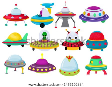 Ufo vector spaceship rocketship and spacy rocket illustration set of spaced ship or spacecraft flying in universe space isolated on white background