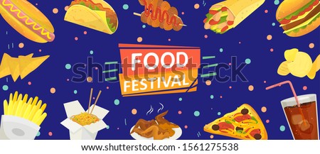 Food festival banner poster vector illustration. Celebration flyer template. Fast food hamburgers, french fries, chips, hot dogs, fried chicken, pizza, lemonade. Party invitation.