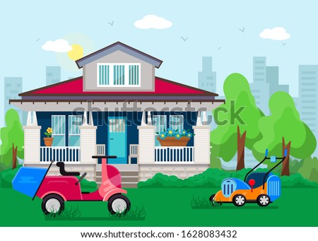 Lawn mowers stand on grass in yard front of beautiful private house vector illustration flat. Motorcycle and electric two lawn mowers machine garden care household equipment.