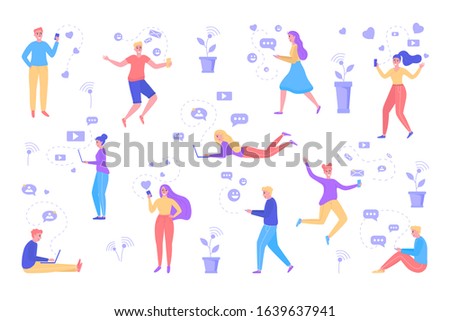 People chatting, texting sms messages vector illustration isolated on white set pattern. Different boys, girls, men and women type text smartphones and laptop talking online. Wifi, speech bubbles.