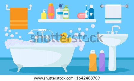 Bathroom interior with soapy foam water filled tub and toy duck for child playing vector illustration. Sink, bath items, accessories towels, shower gel and shampoo bottles, toothbrush.