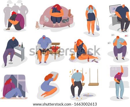 People feel lonely vector illustration set. Cartoon young woman man character sitting alone, feeling stress emotion, depression. Sad male female person in problem, loneliness fear, isolated on white
