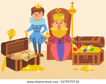 King sitting on throne and his son in crowns, with wealth riches vector illustration. Father king holds scepter and globus cruciger, prince smiles. Scrolls, chests with gold coins.