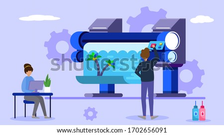 Printing industry, tiny character work in creative business office, flat vector illustration. Male, female standing printing machine and ink, gear background. Design for typographic plotter.