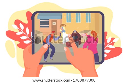 Street bullying teenagers, make online recording, hand hold mobile phone with video footage, isolated on white, flat vector illustration. Gangs harassment children, young people in city.