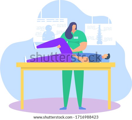 Physiotherapy rehabilitation assistance vector illustration. Cartoon flat patient character on physical rehabilitating therapy with physiotherapist doctor, sport exercise in gym icon isolated on white