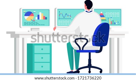 Scientist people in innovation laboratory vector illustration. Cartoon flat doctor character working, studying, making statistics analysis. Concept of big data research, tech study isolated on white