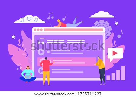 Top music digital list concept, vector illustration. Phone app design, people man woman character near large mobile device. Online corporate application banner, listen music in internet.