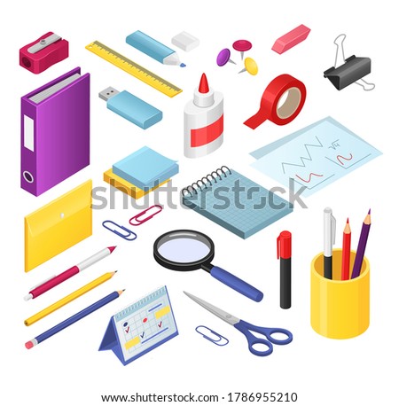 Isometric stationery vector illustration set. Cartoon 3d office or school stationery tools supplies, pen or marker pencil, rubber and sharpener. Collection icons for stationers shop isolated on white