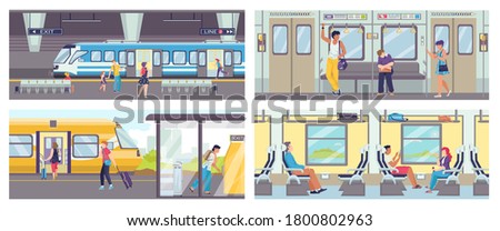 Subway train banners set of scene inside underground train carriage with crowd of sitting and standing passengers vector illustrations. Metro with escalator underground train and subway.