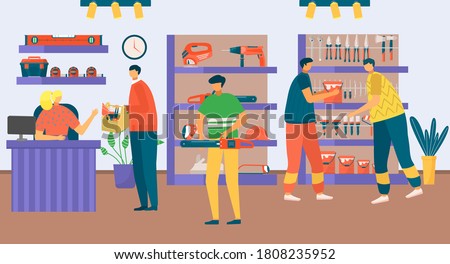 Repair shop with people man vector illustration. Hardware tool for flat construction, person search for instrument in store, workshop. Purchase for renovation work, interior assortment.