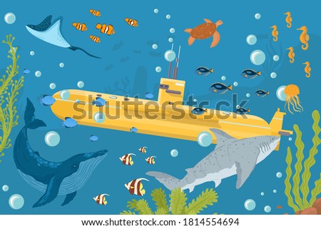 Yellow submarine undersea boat with fishes in ocean, sea, with periscope flat design, vector illustration. Marine nautical theme with underwater ship, sub dive. Sealife, yellow cute boat.