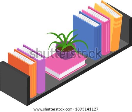 Bookshelf with volume book, booklet and personal library, concept green leaf pot standing wall shelf isometric vector illustration, isolated on white. Wooden rack belletristic literature.