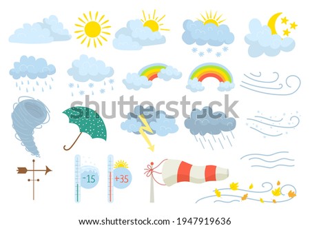 Weather icon set, meteorology rain snow sun icon vector illustration. Storm cloud symbol, climate, wind and cold snowflake. Nature temperature sign
