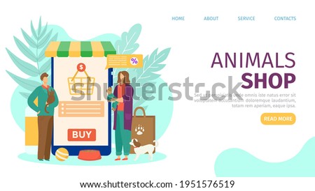 Animals shop, food for mammal nutrition, vector illustration. Man woman people mae purchase at phone app service for pet owner. Vet medicine