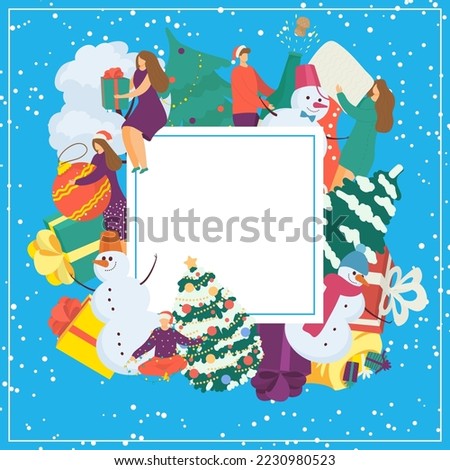 Winter sale banner vector illustration. Woman man character at christmas cartoon banner. Girl gyt people with flat holiday gift.