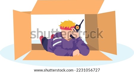 Boy playing inside the cardboard box talking radio station lay on floor, cardboard house vector cartoon people