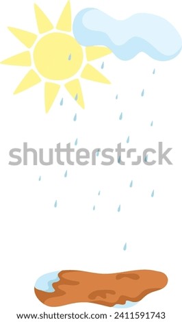 Sun with cloud and rain over a puddle, showing weather concept. Sunshower phenomenon with bright sun and raindrops vector illustration.