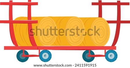 Cartoon lumber cart with stacked logs, red and blue industrial flatbed trolley. Timber transport, lumberjack theme vector illustration.