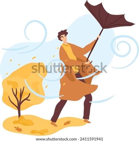 Man struggling with umbrella in strong wind, autumn leaves blowing, wearing jacket. Autumn weather challenge and windy day vector illustration.
