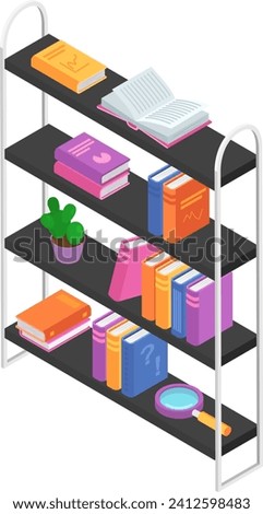 Modern isometric bookshelf with colorful books and plant in pot, study and reading concept. Clean and organized bookcase design vector illustration.
