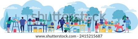 People at outdoor garage sale, customers browsing used items and furniture. Vendor holding price sign at a flea market stand. Community yard sale and second-hand market vector illustration.