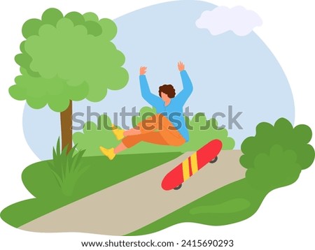 Young man falls off skateboard in park. Casual clothing, accident, surprised expression, outdoor activity. Skateboarding fail, safety in sport vector illustration.