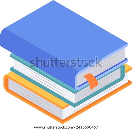 Stack of three books in isometric view, blue on top, white and orange below. Education and reading concept. Pile of hardcover books vector illustration.