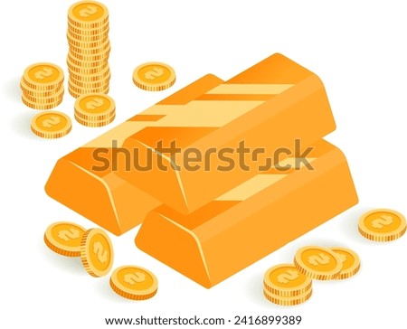 Gold bars and coins isometric view on white background. Wealth, investment, and finance concept. Golden currency and banking vector illustration.