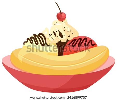 Banana split dessert in bowl with cherry on top. Cartoon ice cream with chocolate sauce. Delicious sweet treat vector illustration.