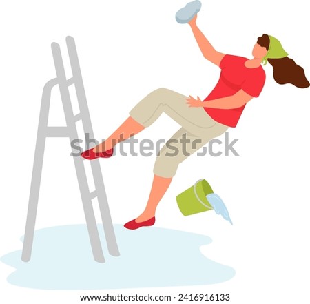 Woman slipping on wet floor while cleaning, has an accident falling off a ladder. Safety at home and accident prevention concept vector illustration.